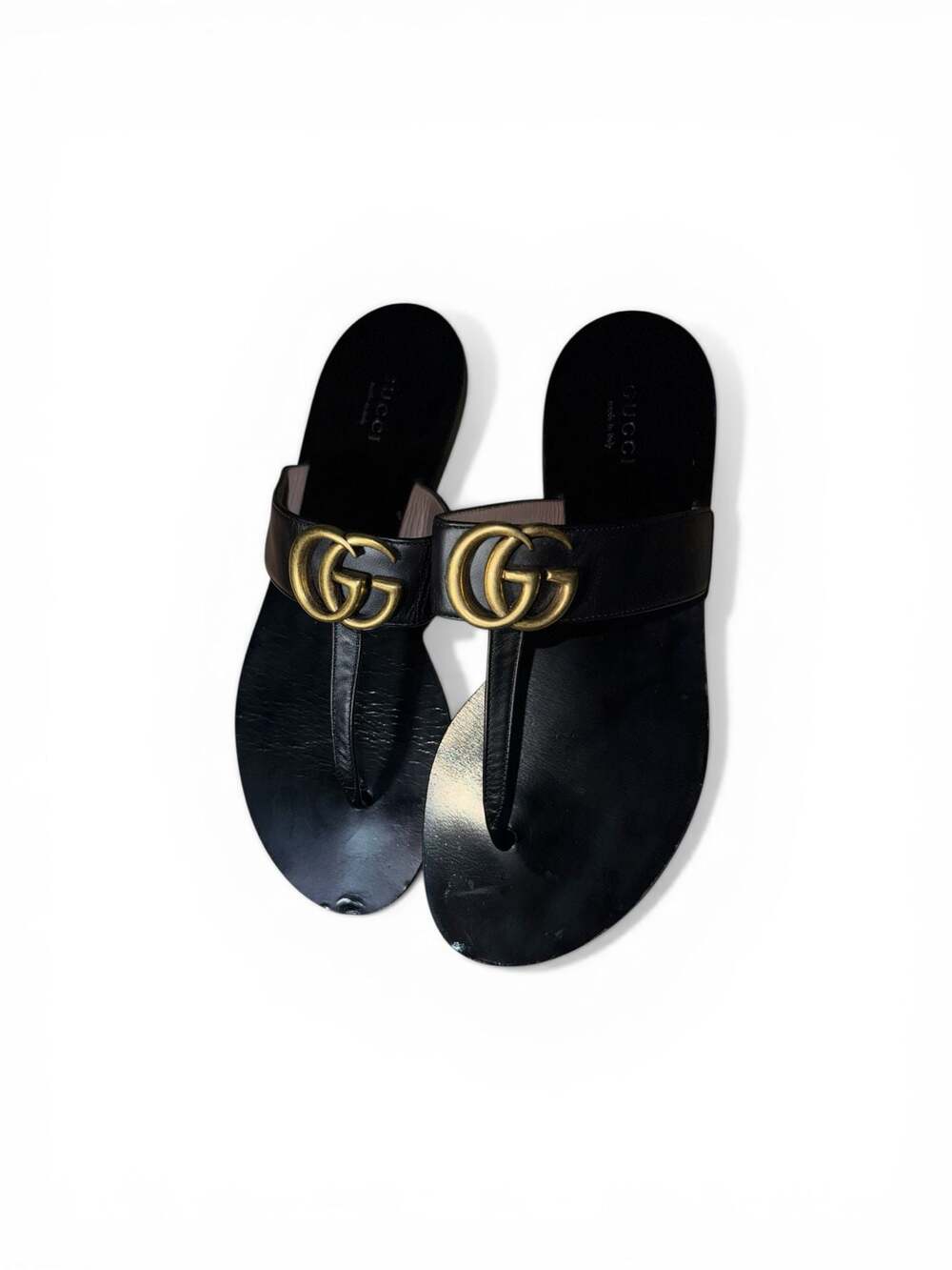 Gucci Double G Thong Sandals Black Leather Size 38